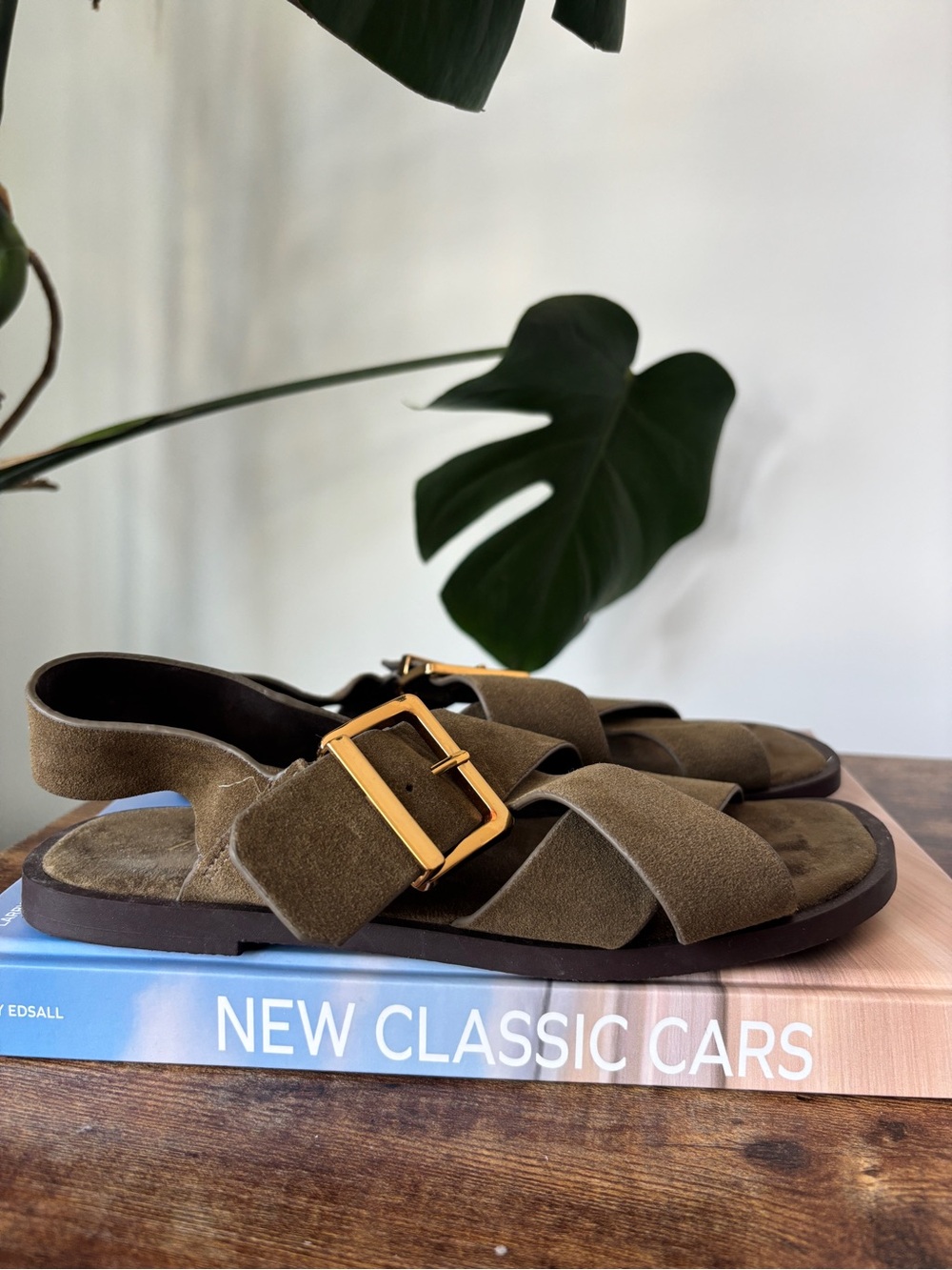 Zara Olive Green Suede Buckle Cross-Strap Sandals
